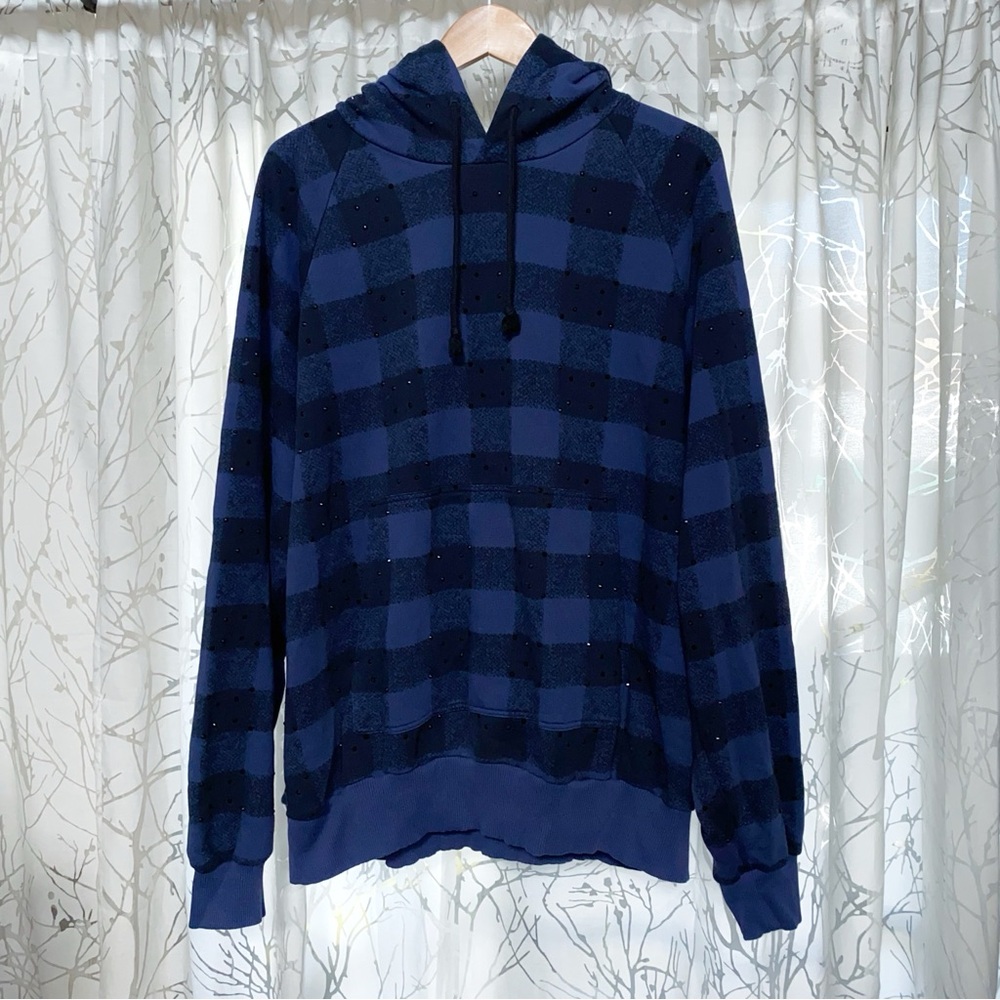 DRIES VAN NOTEN blue black checker print crystal rhinestone hoodie sweatshirt